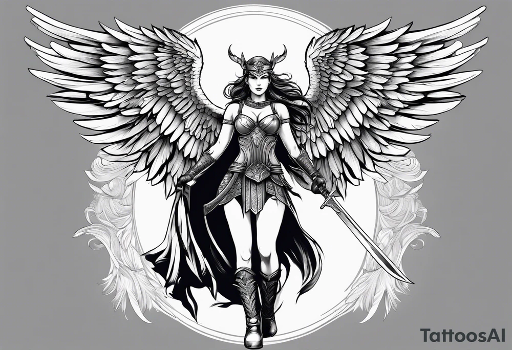 The full body of a Valkyrie with wings tattoo idea