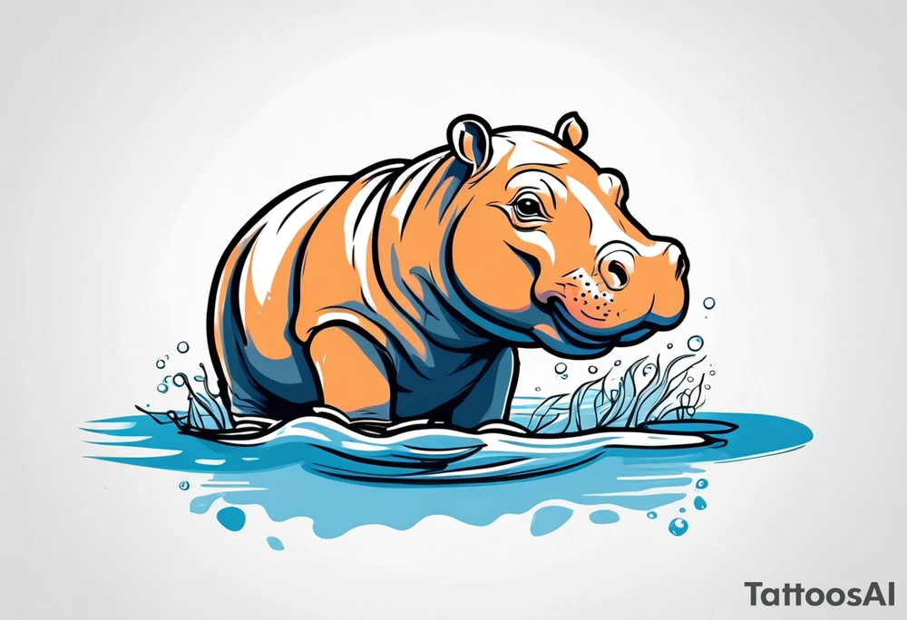 Baby hippo with body submerged in water, but head sticking above tattoo idea