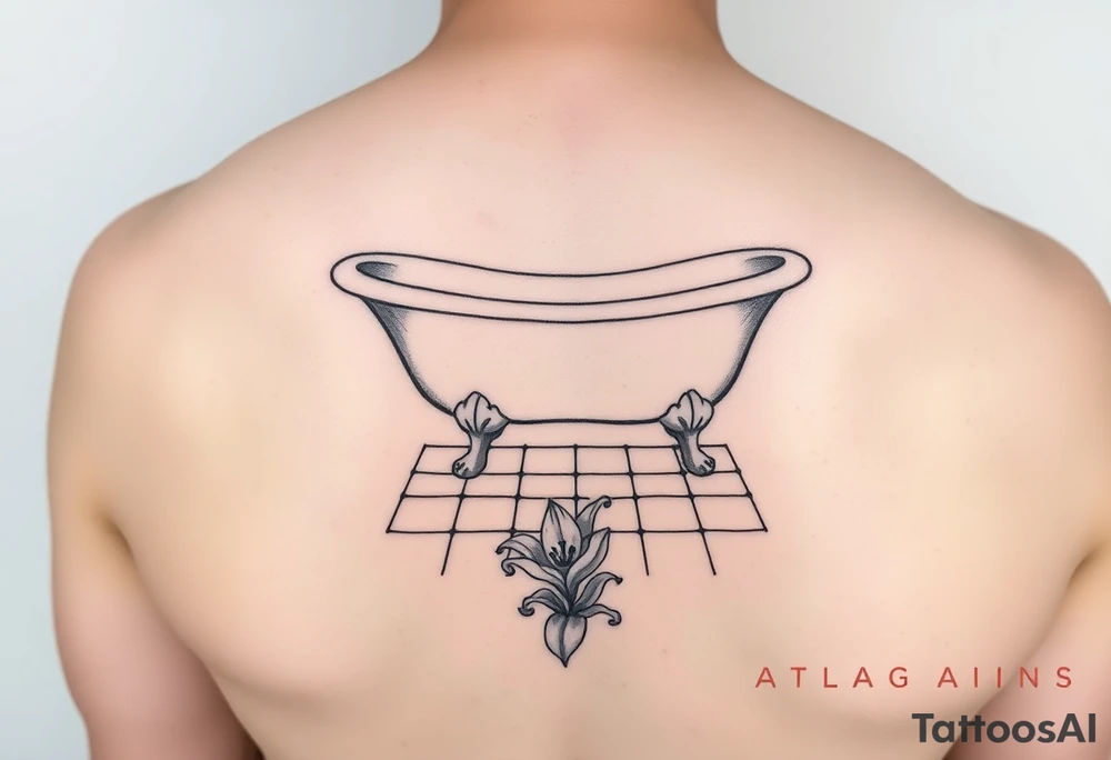 Clawfoot bathtub on tile floor with lily growing out of floor tattoo idea