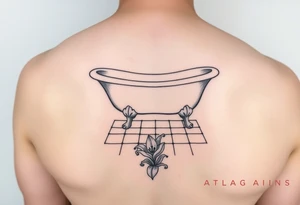 Clawfoot bathtub on tile floor with lily growing out of floor tattoo idea