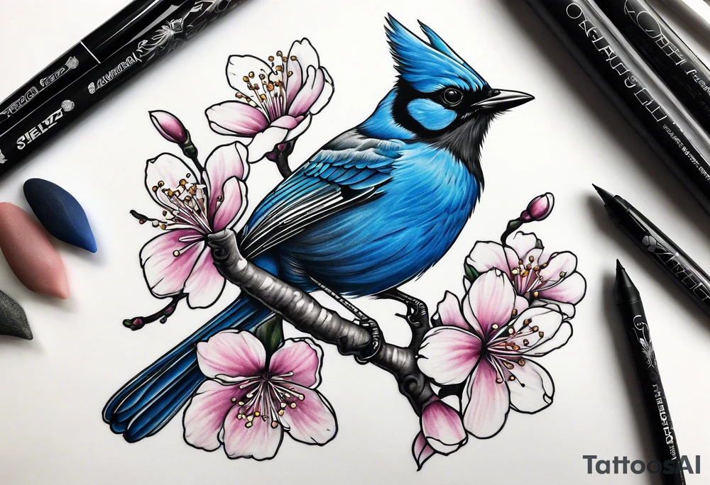 Stellar’s Jay bird on cherry blossoms tattoo for arm tattoo idea