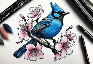 Stellar’s Jay bird on cherry blossoms tattoo for arm tattoo idea