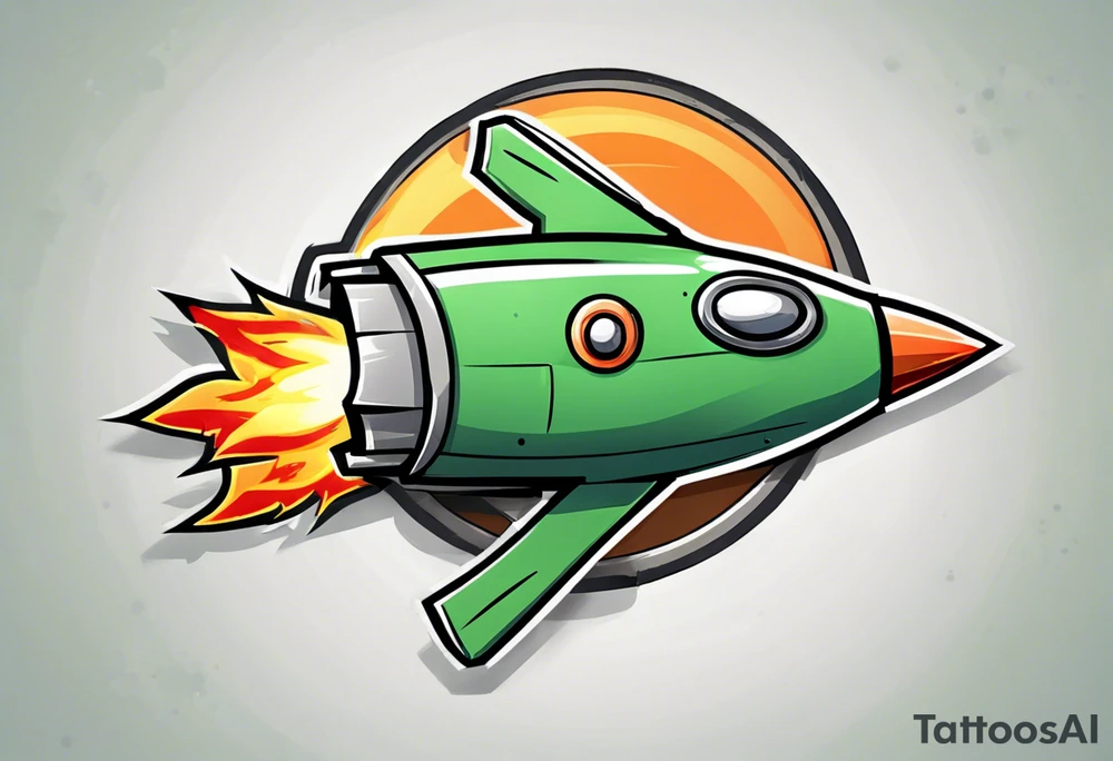 Super simple cartoon rocket ship with a round window, 3 fins, and fire coming out the bottom

Add some shading and detail to make less basic

Use only green, gray, silver, blue. tattoo idea
