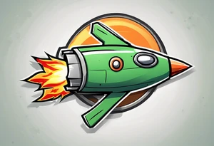 Super simple cartoon rocket ship with a round window, 3 fins, and fire coming out the bottom

Add some shading and detail to make less basic

Use only green, gray, silver, blue. tattoo idea