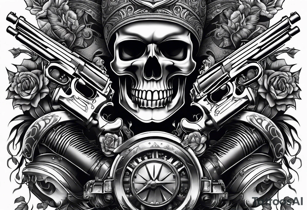 skulls with motorcyles along with guns and money tattoo idea