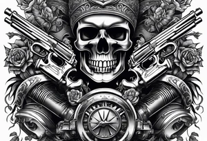 skulls with motorcyles along with guns and money tattoo idea