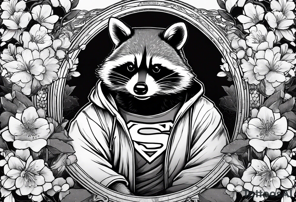 Raccoon wearing a Superman hoodie and Japanese cherry blossoms tattoo idea