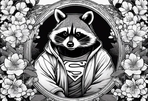 Raccoon wearing a Superman hoodie and Japanese cherry blossoms tattoo idea
