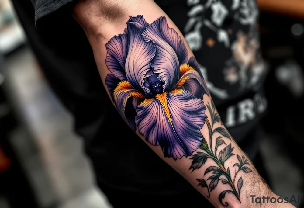 big iris flower with the name “IRIS” written in the stem of the flower in cursive on the outside of the forearm tattoo idea