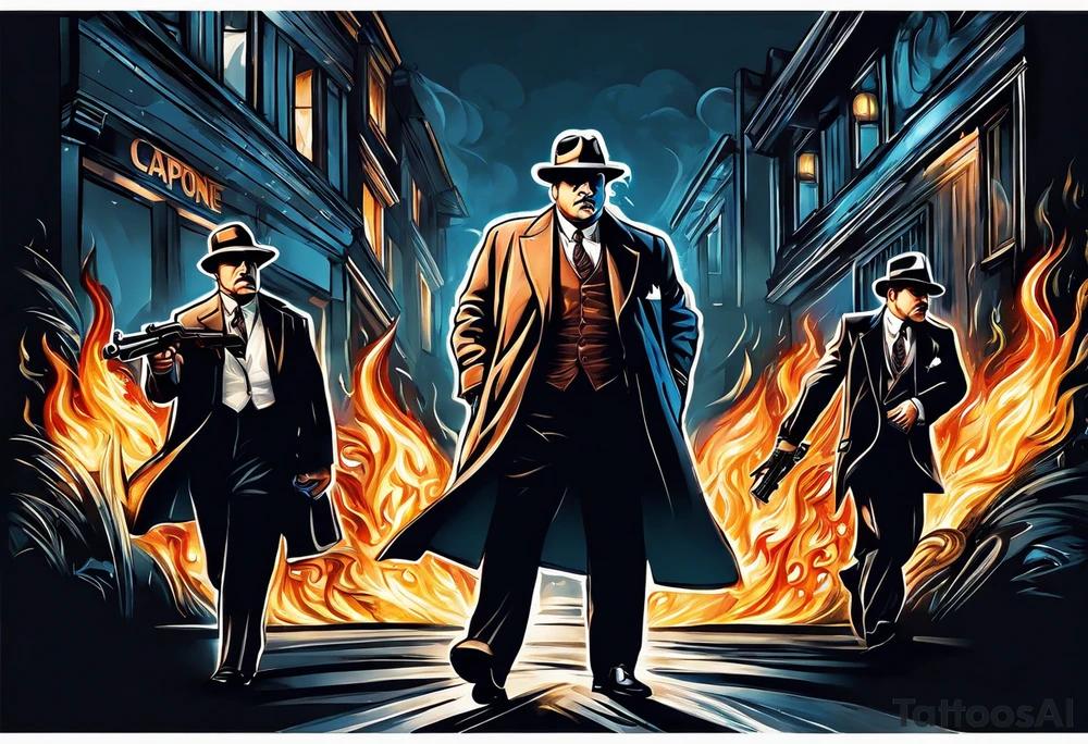 capone style gangsters having a shootout against a dark background scene with flames blues tattoo idea