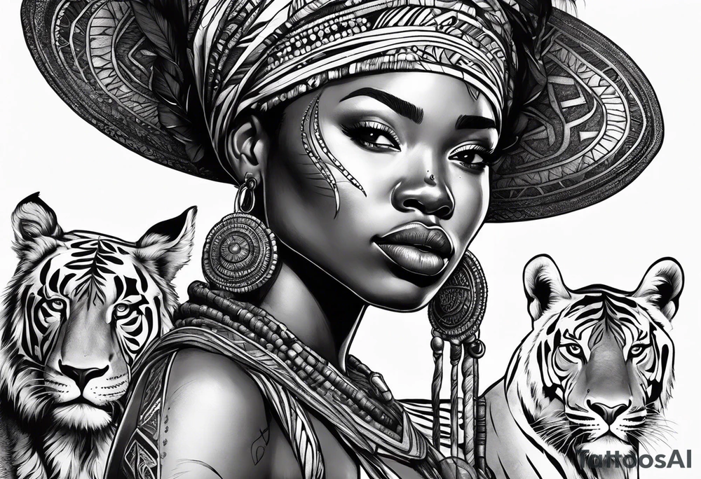 African woman warrior with tribe scars and spear in hand with animals in background tattoo idea