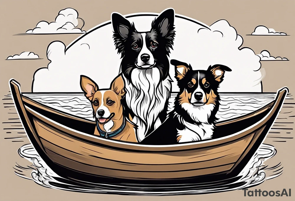 two dogs in a boat. One dog is tan with big ears like a chihuahua. The other dog is black and white and looks like an australian shepherd with floppy ears tattoo idea
