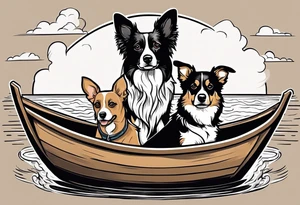 two dogs in a boat. One dog is tan with big ears like a chihuahua. The other dog is black and white and looks like an australian shepherd with floppy ears tattoo idea