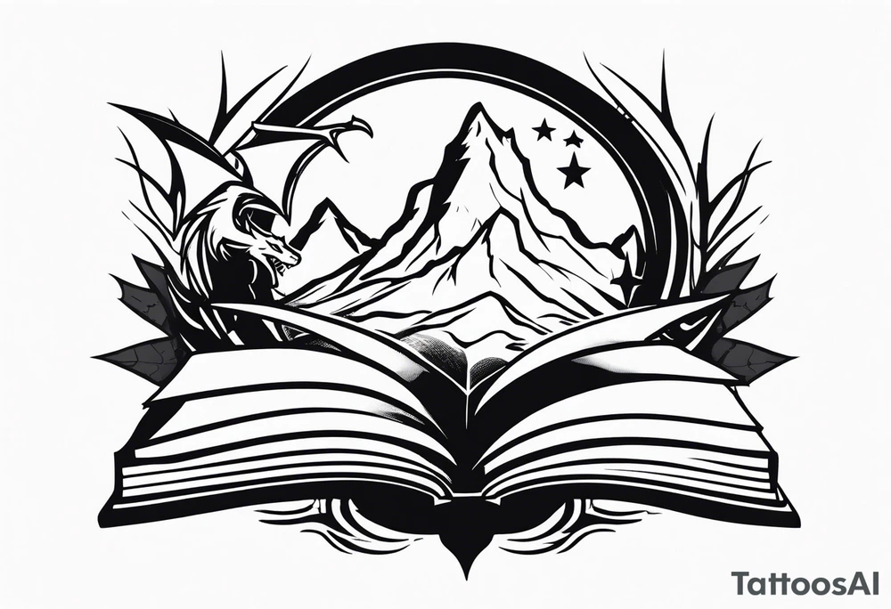 an open fantasy book. a flying dragon with scales and four legs. A pawn chess piece. a sword. Three stars with three mountain peaks tattoo idea