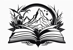 an open fantasy book. a flying dragon with scales and four legs. A pawn chess piece. a sword. Three stars with three mountain peaks tattoo idea