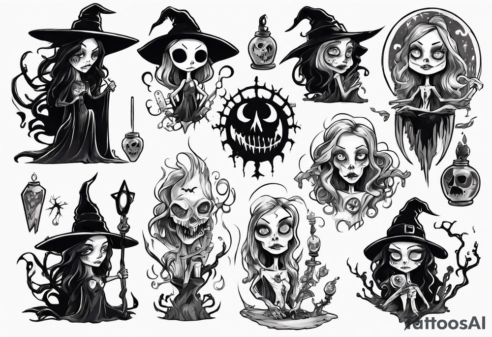 a Tim Burton-style witch necromancer tattoo idea