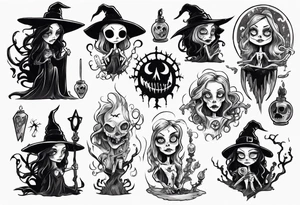a Tim Burton-style witch necromancer tattoo idea