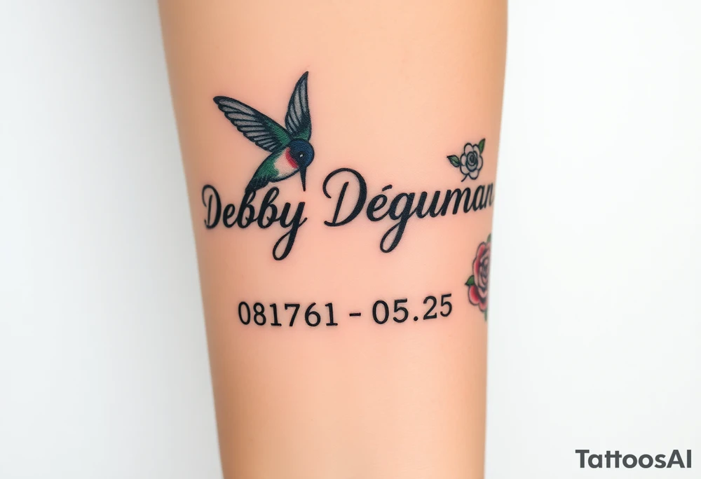 Tattoo of the exact name Debby Deguzman in chunky curly cursive with the exact dates of 08/17/61-05/29/25 surrounded by 1 hummingbird and 1 rose tattoo idea