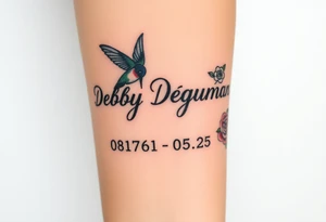 Tattoo of the exact name Debby Deguzman in chunky curly cursive with the exact dates of 08/17/61-05/29/25 surrounded by 1 hummingbird and 1 rose tattoo idea