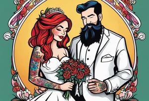 Busty red haired woman with a bearded man with black hair getting married tattoo idea