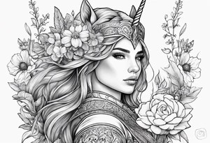 Warrior princess Valkarie with unicorn and wildflowers half sleeve tattoo idea