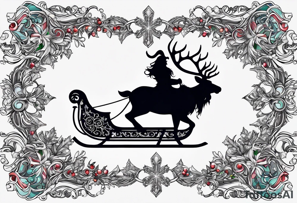 There will be a rope going down from it 
To which Santa Claus's sleigh is tied, but in the sleigh with reindeer there will be a krampus instead of a grandfather and they will be surrounded by a large snowflake tattoo idea