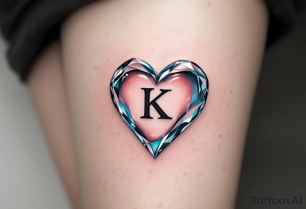 A realistic glass heart with the letter "K" frozen inside, representing love that is pure and preserved forever. tattoo idea