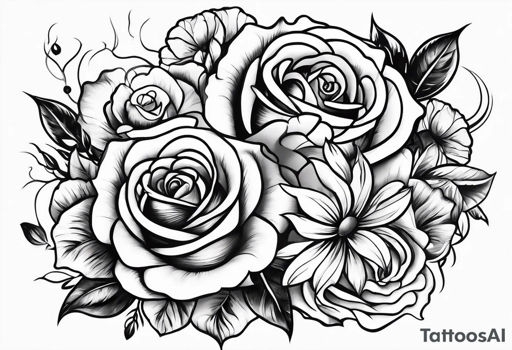 roses and daisies on fire tattoo idea