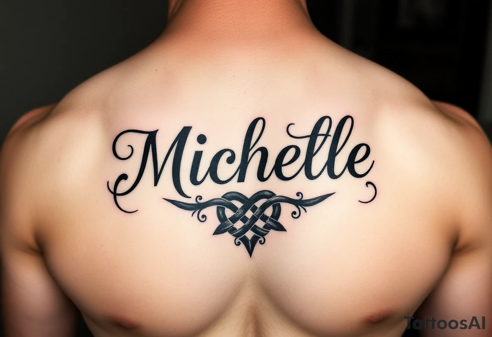 Design a tattoo for a man’s chest of a woman’s name (Michelle). Incorporate a Celtic knot and subtle heart tattoo idea