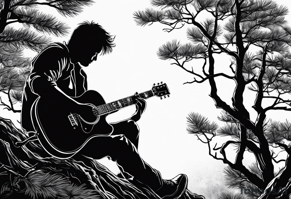 silhouette of a man sitting on a pine tree branch, playing electric guitar tattoo idea