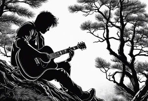 silhouette of a man sitting on a pine tree branch, playing electric guitar tattoo idea