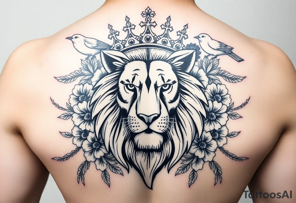 powerful majestic lion with a crown, surrounded by floral ornaments and birds tattoo idea