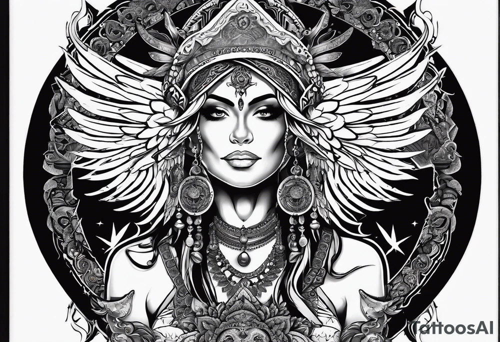 black kali, goddess pirate, alien, angel, pachamama, valkrye, warrior, flying, skull, lotus azul, wing, eagle, zenza resonance, stars, 5D, anahata chakra tattoo idea