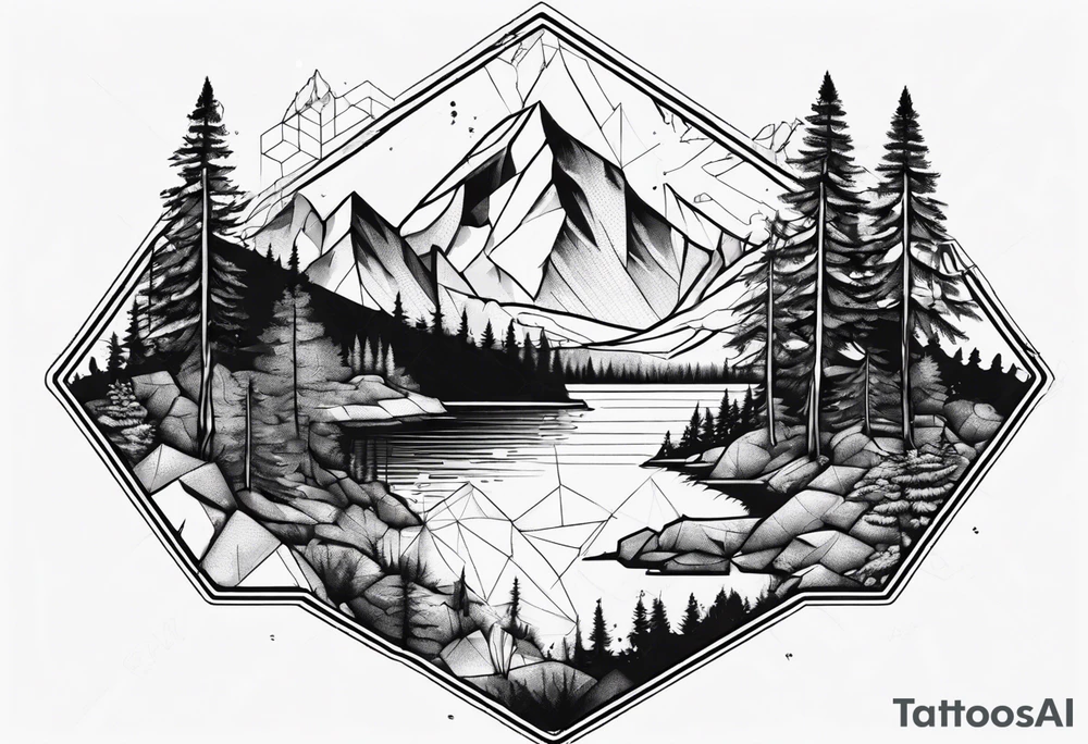 Mountain, coniferous forest and lake in a hexagon. The lake is at the bottom of the figure tattoo idea