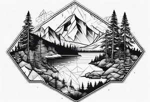 Mountain, coniferous forest and lake in a hexagon. The lake is at the bottom of the figure tattoo idea