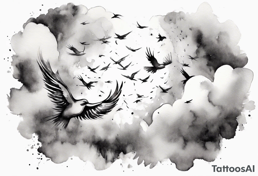 a shoulder tattoo with rays of light, clouds and birds flying free tattoo idea