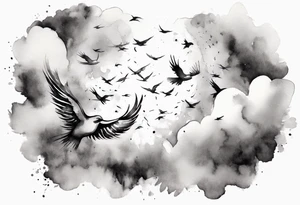 a shoulder tattoo with rays of light, clouds and birds flying free tattoo idea