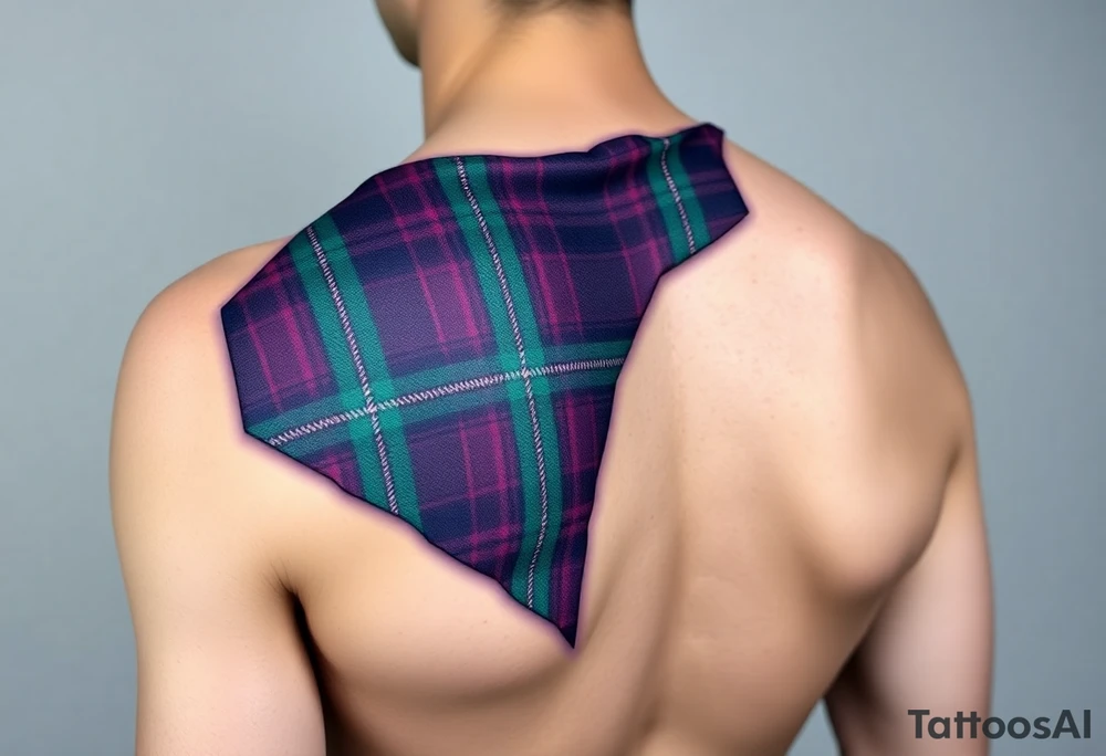 Dark Purple with green pink blue and white highlights tartan fabric with skin around edges peeling and wrapping around shoulder tattoo idea