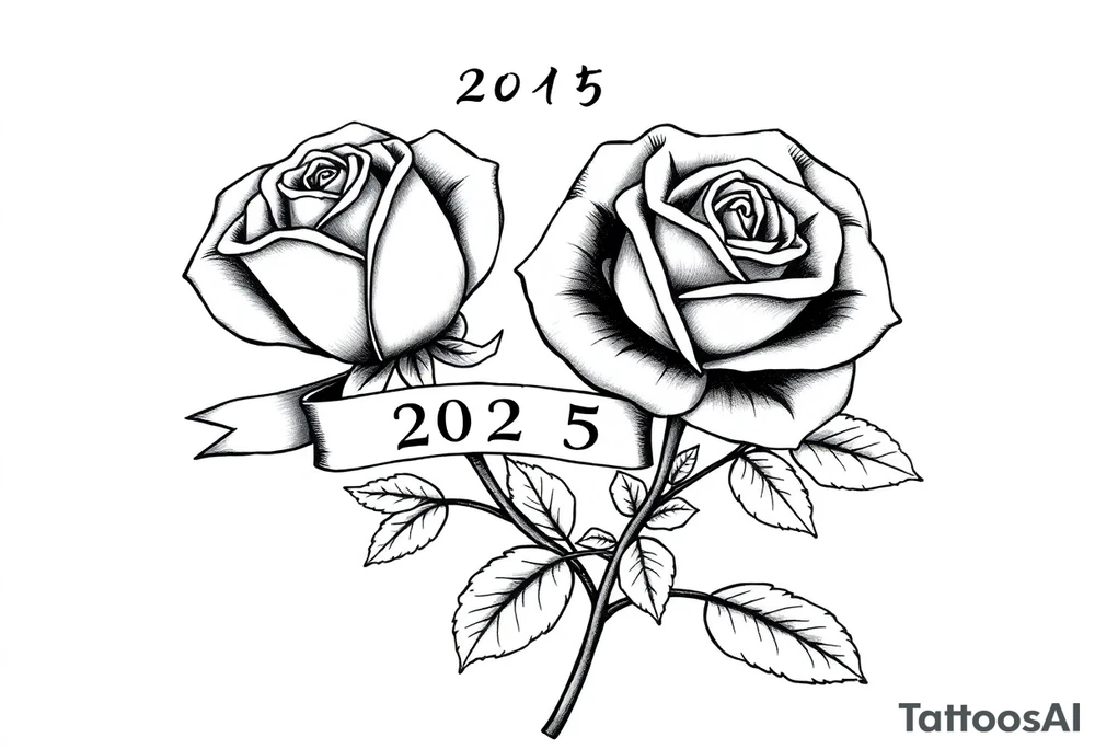 two beautiful large rose buds, one larger than the other, with many leaves and their stems intertwined, with one sitting higher than the other. Include a banner connecting the two roses with "2025" on it.  The word "Rose" written in Kanji above the drawing.  Use dark outlines with little shading. The two stems should be short, not long, and connect and join into one stem, whimsically curved or twisted - not straight down. tattoo idea