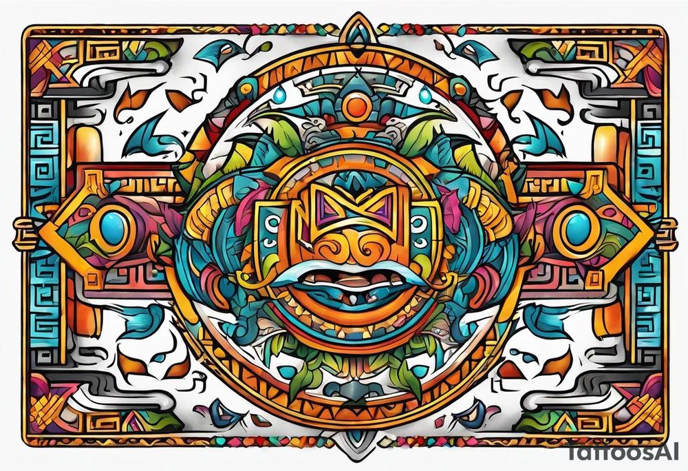 Colorful Mayan hieroglyph with bats and water tattoo idea