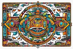 Colorful Mayan hieroglyph with bats and water tattoo idea