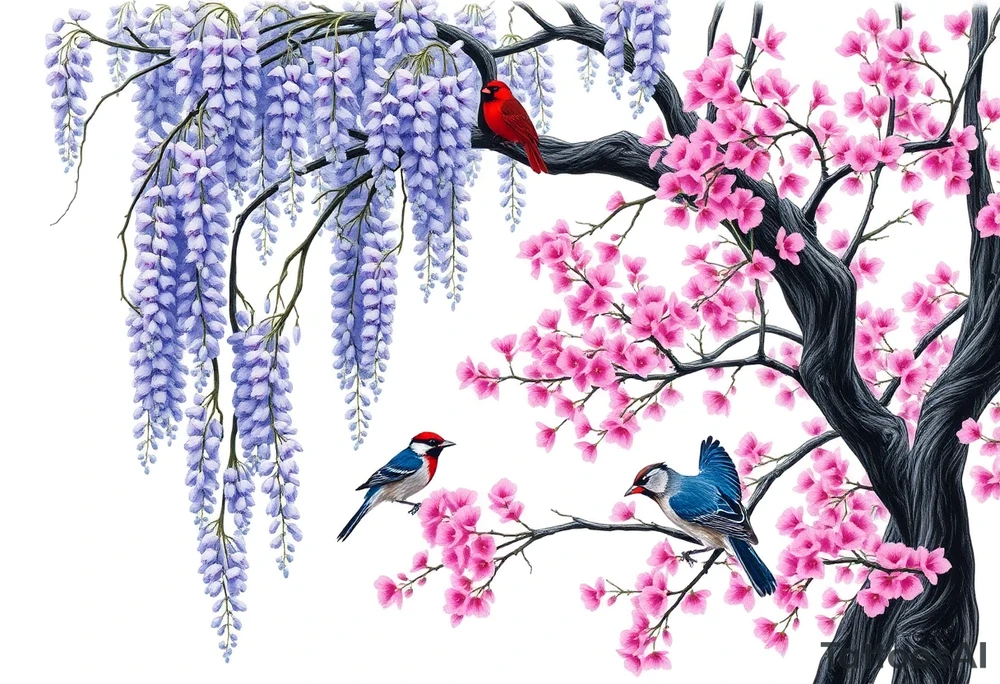 The American wisteria tree drapes gracefully with cascading clusters of lavender-blue flowers, its twisting vines wrapping around sturdy branches, creating a breathtaking canopy of delicate blossoms that sway gently in the breeze. Beside it, the Eastern redbud stands in striking contrast, its branches bursting with vibrant pink blossoms that cling tightly to the dark, twisting limbs, forming a cloud of rosy hues against the sky. Perched among the blooms, a brilliant red cardinal, a vivid indigo bunting, and a delicate downy woodpecker bring life to the scene— the cardinal’s crimson feathers glowing against the wisteria, the bunting’s deep blue plumage blending with the blossoms, and the woodpecker clinging to the redbud’s bark, its black-and-white speckled coat and soft red crown adding a final touch of natural harmony. tattoo idea