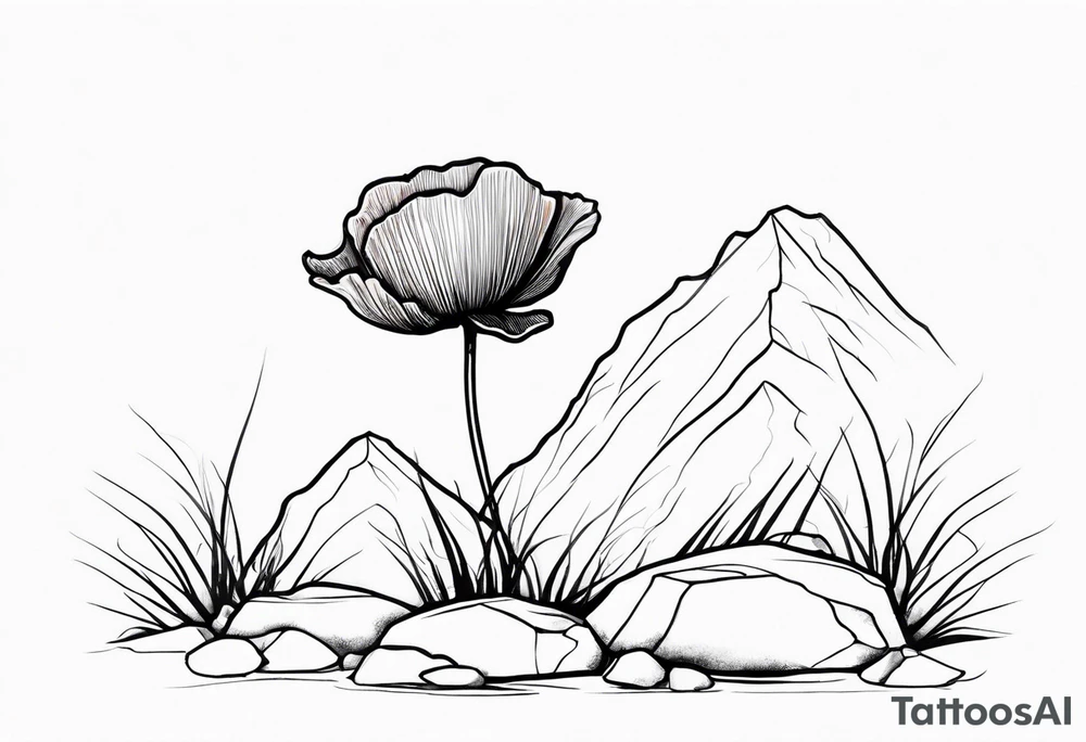 Poppy flower growing from a rock and roots grow down rock tattoo idea