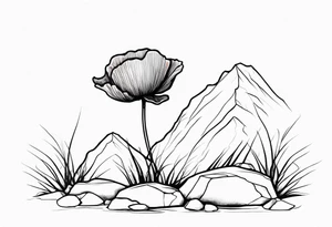 Poppy flower growing from a rock and roots grow down rock tattoo idea