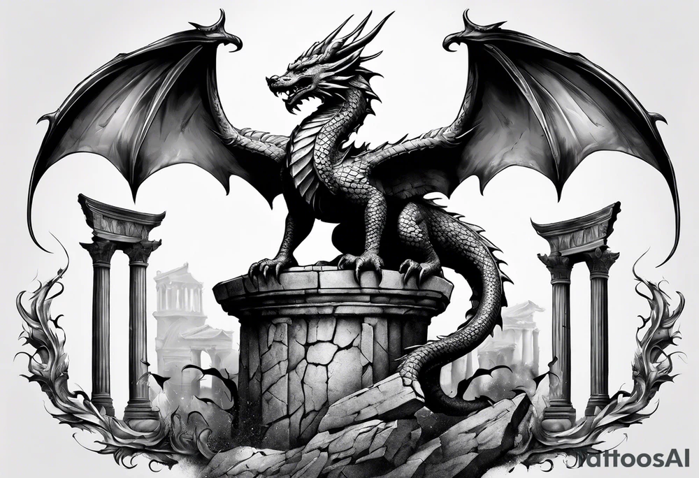 Small Dragon after a war, standing on two broken roman columns showing us his back tattoo idea