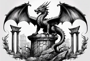 Small Dragon after a war, standing on two broken roman columns showing us his back tattoo idea