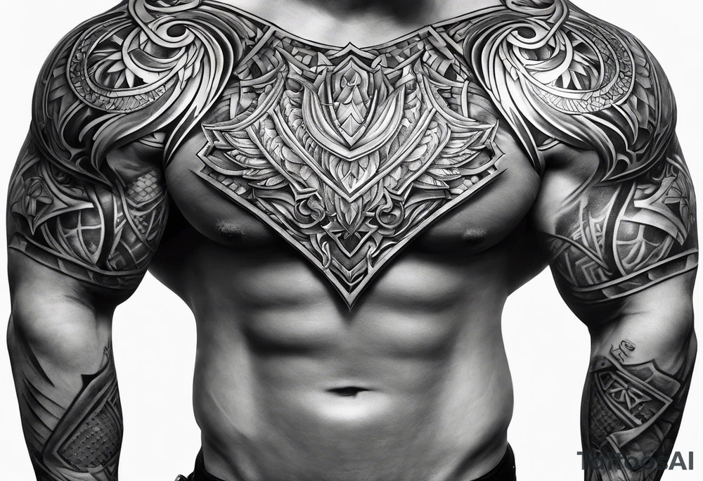 Right Upper arm, pectoral and back armor tattoo idea