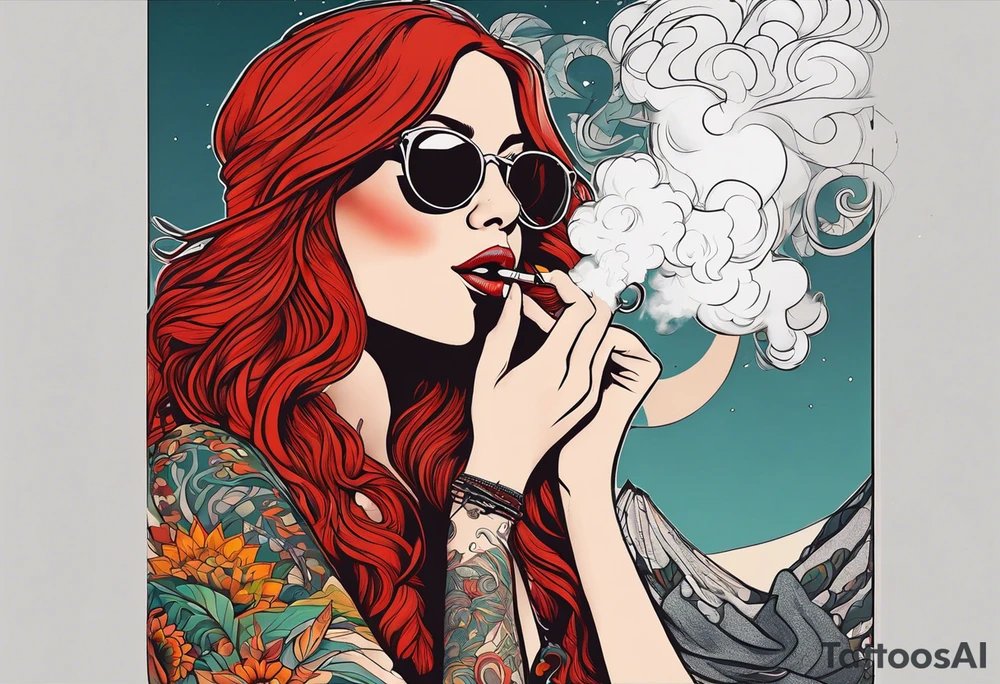 Hippie girl smoking a joint, Red hair, Bell-bottoms, and a big booty tattoo idea