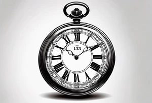 An old pocket watch with Roman numerals showing the time 13:37. The lid of the watch must have the zodiac sign Aries engraved on it tattoo idea