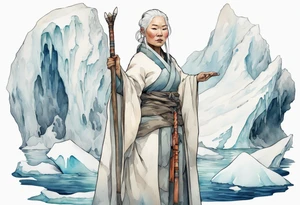 an Inuit woman with white hair and a white robe holding a long ivory bowstaff, standing on an iceberg tattoo idea